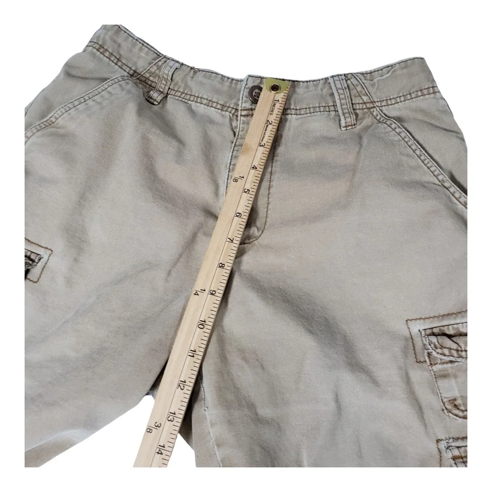 Pluggo Mens Khaki Tan Y2k Cargo Shorts Size 30 Distressed Raw Hem Cotton Utility